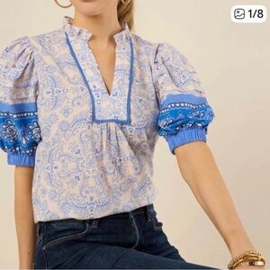 Pinch Blue Paisley Puff-Sleeve Women's Top XL